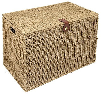 Woodluv Natural Seagrass Lidded Trunk, Toy Box Chest, Storage Basket, Handwoven Organiser - Large