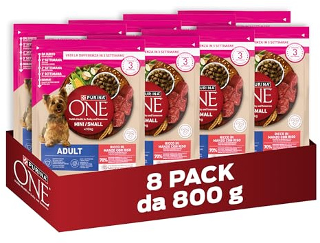 PURINA ONE Mini Small Crocchette per Cani Adulti Ricco in Manzo 8 Sacchi da 800g