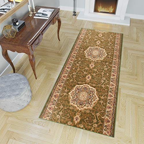 TAPISO Yesemek Teppich Läufer Flur Brücke Kurzflor Klassisch Floral Medaillon Ornament Muster Grün Braun Korridor Wohnzimmer ÖKOTEX 100 x 200 cm