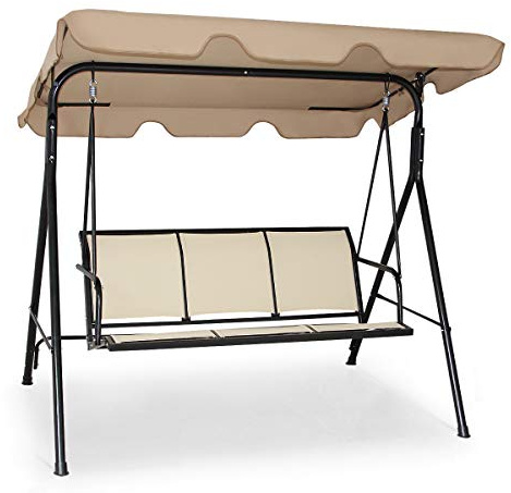 COSTWAY Dondolo da Giardino a 3 Posti, con Tettuccio Parasole Regolabile, Sedia a Dondolo da Giardino con Telaio in Acciaio, 173 x 119 x 152 cm (Caffè)