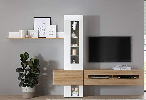 Wohnkombination Roana VI weiß/Grandson Oak hell Dekor 210x200x38-48cm Wohnzimmermöbel Wohnzimmerschrank Schrankwand TV-Elemente Fernsehschrank Größe ohne Beleuchtung