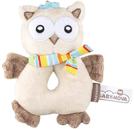 babynova Greifling aus weichem Stoff für Babys - Motorikspielzeug und Rassel - Niedliches Babyspielzeug für Junge und Mädchen zum Spielen und Schmusen - Eule