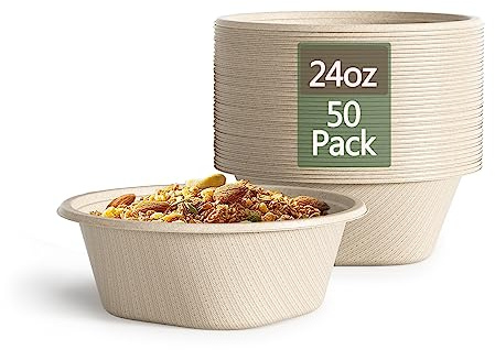 24 Oz Disposable Paper Bowls - Heavy Duty Disposable Bowls - Made from Natural Bagasse - Disposable Bowls for Hot Soup, Salad, Dessert, and More [50 Pack]