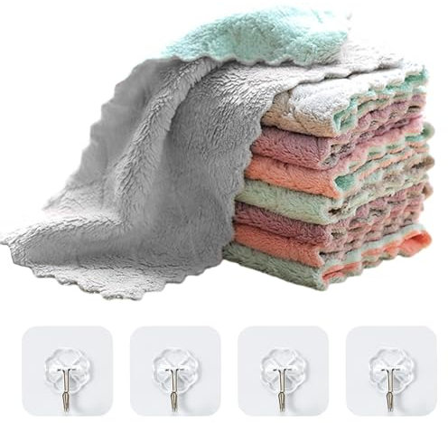 8 paños de limpieza de vellón coral y 4 ganchos transparentes, paños de cocina, paños absorbentes sin aceite, estropajos, paños de limpieza superabsorbentes de vellón coral, necesarios para la cocina.