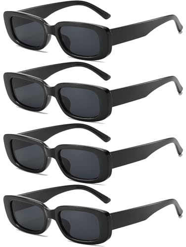 Dwenarry Lot Lunettes de Soleil Fête Noir Lunette de Soleil Rétro Rectangulaire Lunettes Style Années 90 pour Adulte 4 Paire