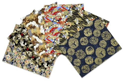 Fat Quarters tygpaket, japanskt tyg 6 st, 6 olika svarta asiatiska orientaliska stilar fisk blommig röd kronad trana bomullstyg material fyrkanter 50 x 40 cm för sömnad inslagning konsthantverk