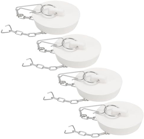 sourcing map 4 tapones de goma para bañera, 53-55 mm, tapón de drenaje para fregadero de cocina, tapón de drenaje de baño con anillo de tracción y cadena de acero inoxidable, color blanco