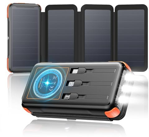 Cargador Solar Power Bank 25000mAh - SOARAISE 20W Batería Externa Carga Rápida Inalámbrica con 3 Cables y 4 Paneles Solares, PD QC 3.0 USB C con Linterna LED para Camping