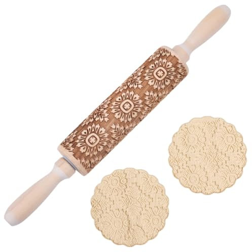 DELORIGIN Embossed Wooden Rolling Pin Flower Print 35cm Rolling Pin for Baking Biscuits 3D Pattern DIY Kitchen Tool Baking Accessories Homemade Bakery Pastry Cookie Fondant Dough Pizza