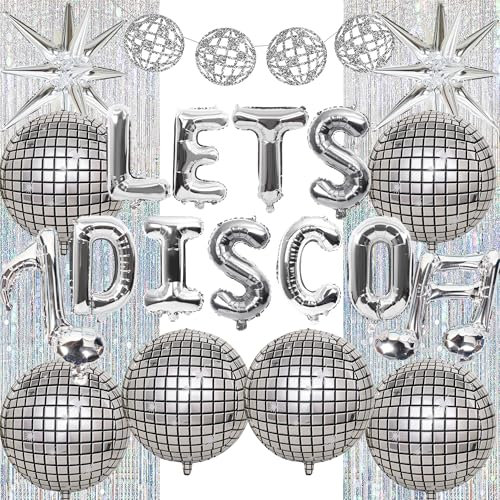 Disco Party Decorations Dancing Queen - 21 Pcs Disco Ball Decorations Including Lets Disco Letter Balloon Musical Note Balloons Exploding Star Balloon Silver Foil Rain Curtain for 70s Party Supplies