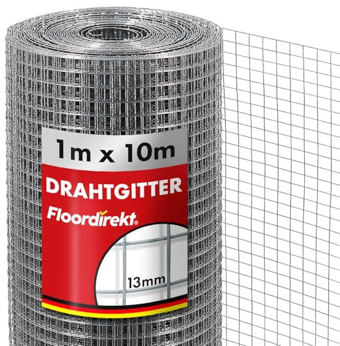 Floordirekt Volierendraht Drahtgitter feinmaschig 100cm hoch x 10m lang Hochbeet 4-Eck Drahtgeflecht, Nagergitter, Vogeldraht, Volierengitter, Gitterdraht, Drahtzaun verzinkt Maschen-Weite 13x13mm