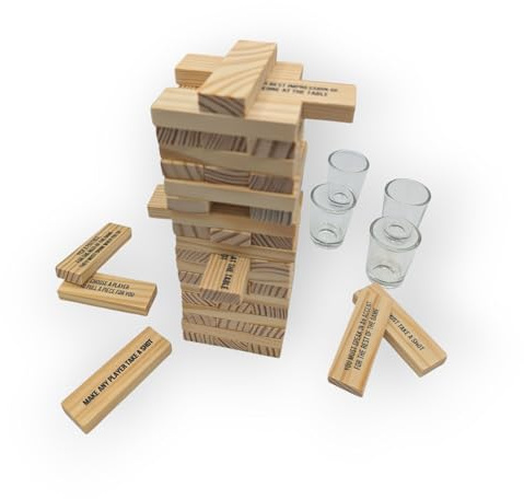 PVT International Stacking Block Tower Drinking Game, Tumbling Blocks with Fun Drinking Challenges, Party Drinking Games for Adults, Game Night, Birthdays, Home party