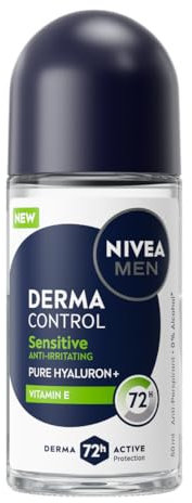 NIVEA MEN Deodorante Roll On Derma Control Sensitive 50 ml, Deodorante uomo antitraspirante per una protezione 72h, Formula senza alcool con Acido Ialuronico e Vitamina E per la pelle sensibile