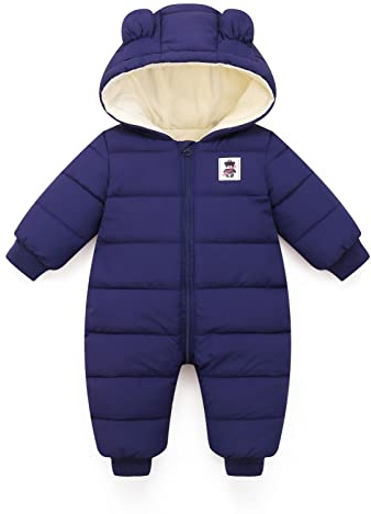 JiAmy Combinaison d'hiver pour bébé, combinaison à capuche chaude pour filles et garçons, vêtements pour nourrissons, combinaison pour bébés neufs pour 0-18 mois, bleu marine, 12-18 mois