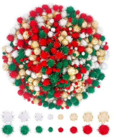 Allruyee 1500 Pieces Christmas Pom Pom Glitter Tinsel Pom Pom Balls for Crafts DIY and Decorations(4 Sizes, Gold, White, Red, Green)