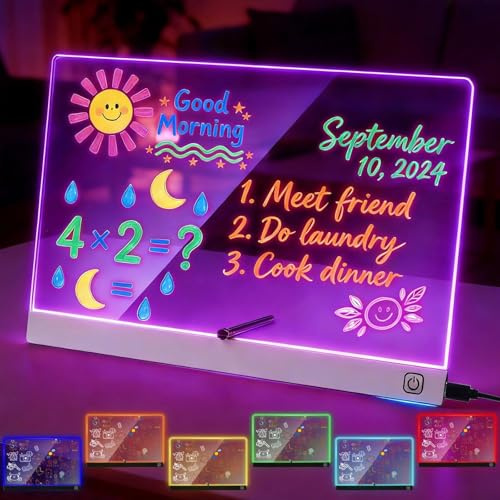 BlueXP Pizarra LED DIY blanca para niños 30×20 cm Tablero Luminoso Acrílico Reutilizable con 7 Rotuladores Neón 4 Sets de Pegatinas Papel de Historias Paños Regalo Creativo Estudiantes & Adolescentes