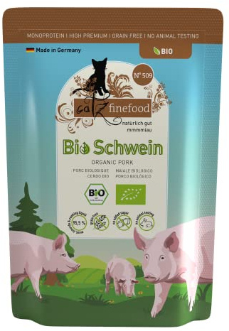 catz finefood Organic Bio cibo per gatti a forma di maiale – cibo umido monoproteine di qualità biologica per gatti – dieta adatta alla specie con 94% di carne – Made in Germany (6 x 85 g)