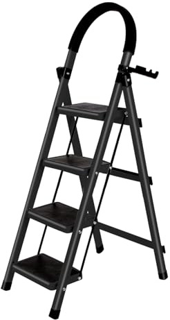 Belfoyer Escabeau Pliable en Acier, Marchepied Antidérapant 4 Marches, Escabeau Stable et Compact pour Maison, Cuisine et Bureau(Noir)