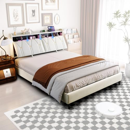 NFHVlo Letto King Size 160x200 cm in Velluto Beige, Testiera con Schienale Regolabile, LED e Type-C, Struttura Letto Matrimoniale Grande 500kg (Senza Materasso)