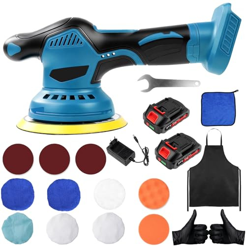 TKSE Pulidora para coche, 21 V, 8 velocidades, pantalla digital, 6 pulgadas, 150 mm, 580 W, máquina pulidora para coche, batería excéntrica, dos baterías, un cargador, pintura de coche, moto, muebles