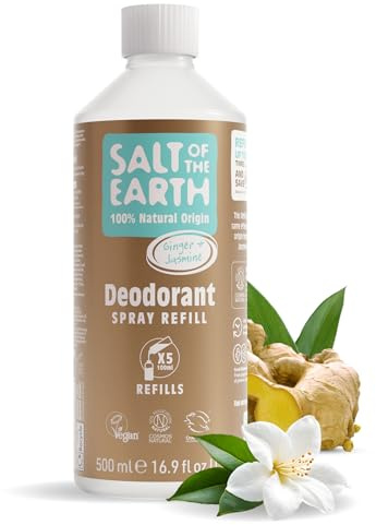 Salt of the Earth – Påfyllning till naturlig deodorantspray | Ingefära & jasmin 500ml påse – 5 påfyllningar för sprayflaska, långvarigt skydd och vegansk formula, 100% naturligt