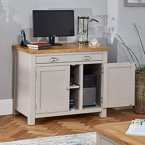 Cotswold Grey Painted Hideaway Home Office Desk with Natural Oak Top, Keyboard Shelf, Double Cupboard, Computer Tower Storage, Light Grey Finish - H 780mm x W 950mm x D 550mm