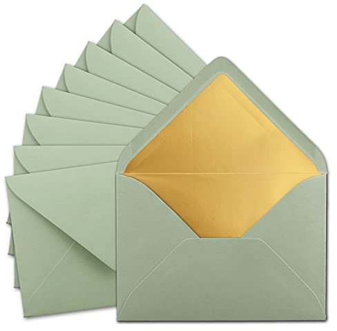 75 x DIN C5-kuvert 15,7 x 22,5 cm i eukalyptus (grön) med gyllene sidenfoder – Våtlimning – Blanka brevkuvert – Postkuvert utan fönster i C5-format – Märke: GUSTAV NEUSER