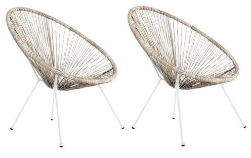 LOLAhome Pack 2 Sillones de jardín Acapulco Color Natural| Cuerdas de Rattan PE y Acero Blanco| 72x77x84 cm | con Topes de Goma, Resistente hasta 120kg | para Interior y Exterior | Acapulco