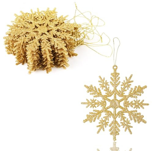 VEYLIN Lot de 12 décorations de Noël à suspendre en forme de flocon de neige à paillettes, ornements pour arbres (doré)