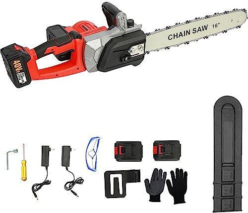 3800W Powerful Cordless Electric Chainsaw with 16-Inch (40 cm) Bar, 2 Batteries & Charger, 2 hs Work Time (1 hs/Battery), Auto-Oiler, Kickback Protection