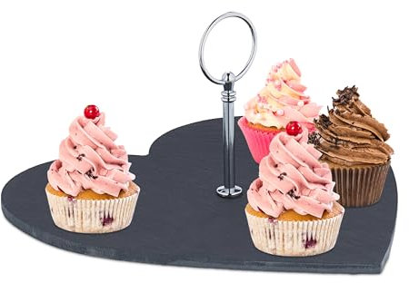 Relaxdays Plato de Pizarra Forma Corazón, Asa, Tabla Quesos, Bandeja, Sushi, Embutido, San Valentín, 25 x 25 cm, Negro