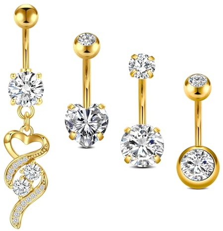 WillTen 14G Piercing Ombligo de Acero Inoxidable 316L, 4PCS 10mm Ombligo Piercing Set con Dangly/Corazón/Forma Redonda, Barra Barriga Barbell Joyería para Mujeres Niñas, Oro