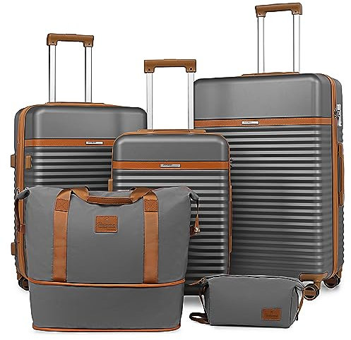 Joyway Kofferset 5tlg von ABS Hartschalen Erweiterbar Trolley Kofferset mit 4 Rollen und TSA-Schloss Der Gepäcksets Enthält 1 Reisetasche und 1 Kulturbeutel Grau