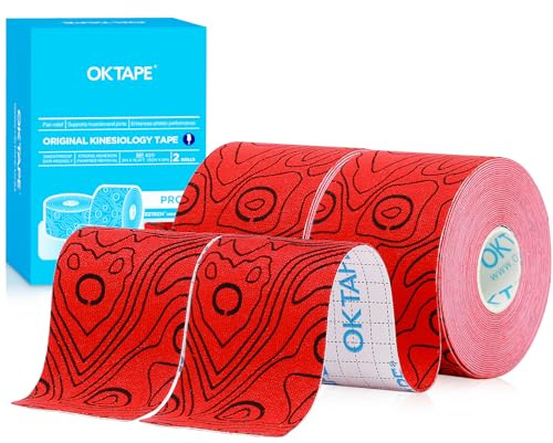 OK TAPE Pro Kinesiologitejp (5 cm x 5 m) vattentät hudvänlig elastisk kinesisk tejp för knävärk, armbågar och axlar (2 rullar, röd)