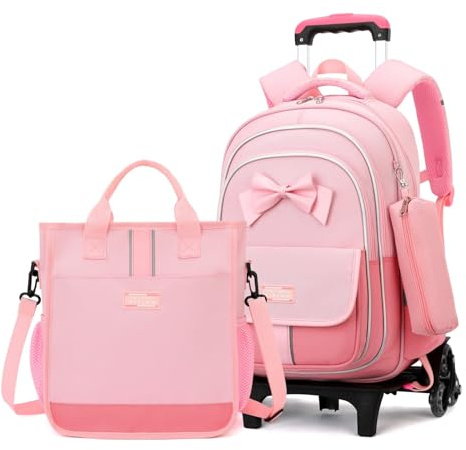 MITOWERMI Rolling Backpack for Girls 3Pcs Elementary School Bag Cute Bowknot Backpack with Wheels Girls Bookbags with Handbag Trolley Bags Kids Carry-On Luggage