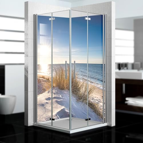 dedeco Eck-Duschrückwand wasserfest Motiv: Dünengras V7, UV-Lack glänzend, 2 x 90x200 cm, Badrückwand zum Fliesenersatz, als Dekorwand, Wandverkleidung und Duschplatte aus Aluminium - Made in Germany