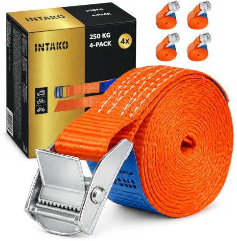 INTAKO Cinchas de Amarre Pequeñas 0,5m x 250kg - 4 Unidades - Correas de Amarre para Moto, Equipaje, Portabicicletas, Caravana - DIN EN 12195-2