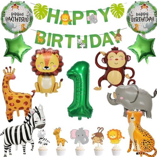 BORISCA Decoracion Cumpleaños 1 Años, Globos Cumpleaños 1/2 Años Niña Nino Incluidas Globos Animales y Ecoración Tarta Cumpleanos, Globos Animales De La Selva Globos Safari (1 Años)