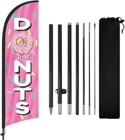 FSFLAG Bandera de plumas de donas con kit de asta de bandera y estaca de tierra, bandera de donas de 8.2 pies, letrero de bandera de negocios para publicidad al aire libre