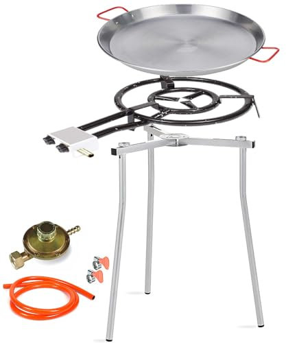PALUPLUS Set Paellera Composto da: Cavalletto Treppiede Regolabile, Padella Paella da 46 cm, Bruciatore a Gas da 40 cm a 2 Fuochi e Regolatore di Pressione, per Cene ed Eventi