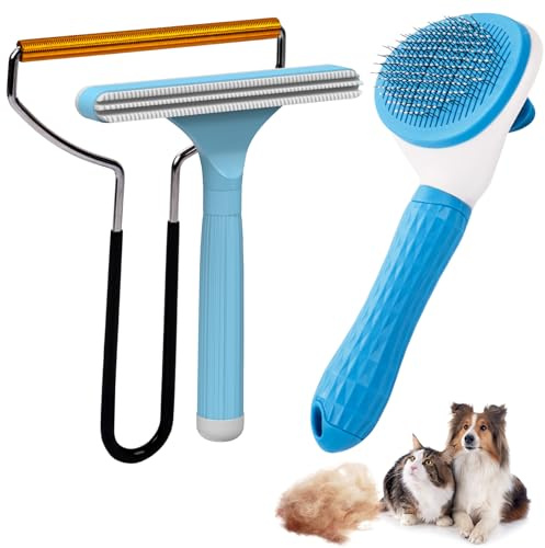 Analan 3-in-1 Pet Hair Remover & Grooming Set for Dogs & Cats – Self-Cleaning Brush for Shedding, Cat Brush, Metal Fur Remover for Couch Carpet & Car, and Rubber Tool for Clothes & Bedding