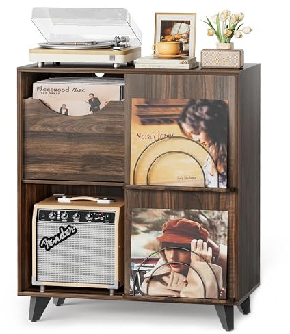 Bikoney Schallplatten Aufbewahrung mit Vinyl Display und 2 Schubladen – Holz Schallplattenständer Tisch und TV Schrank für Alle Plattenspieler und Lautsprecher, Plattenspieler Regal für Wohnzimmer