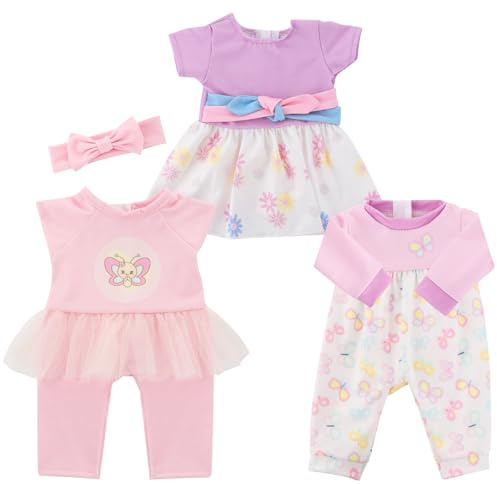 ECORELF Baby Doll Clothes, 3 Set 18 Inch Doll Girl Clothes and Accessories 4 Pcs Include Jumpsuits Skirt Headband (No Dolls)