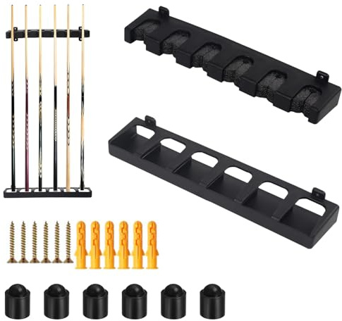 YGCQFH Support mural à 6 emplacements pour queues de billard – Comprend 6 housses de protection pour queues de billard, support pour queues de billard, rangement de bâtons de billard, accessoire de