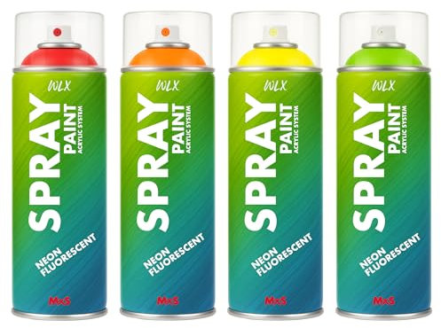 WLX Lot de 4 bombes de peinture fluorescente haute visibilité à séchage rapide pour bois, métal, pierre et verre 400 ml