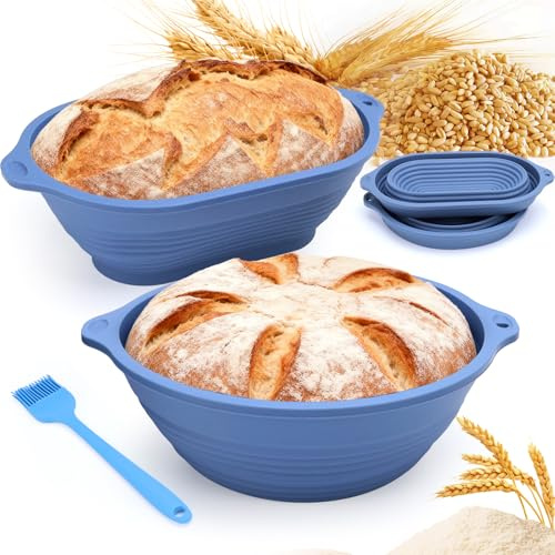 YICH Set di cestini per la lievitazione per il pane, 29 cm, ovali + 23 cm, cestino rotondo + pennello per olio, pieghevole, con foro di sospensione, migliorata stabilità, stampo per il pane in