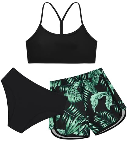Miyanuby Girls Bathing Suits Size 10-12 Girls' 3 Piece Swimsuit Tropical Print Bikini Set with Shorts Summer Beach Swimwear