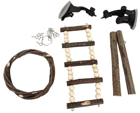 Escalera de Cuerda para Aves | Escalera de Madera con Ventosas - Accesorio para Jaula | para Periquitos, Ninfas y Hámsters