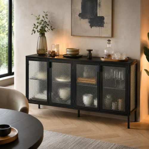 PREMTURE Vetrina in vetro nero, credenza con illuminazione a LED, vetrina con vetro temperato e telaio in metallo, credenza, armadio per soggiorno con ripiani, nero, 150 x 40 x 80 cm