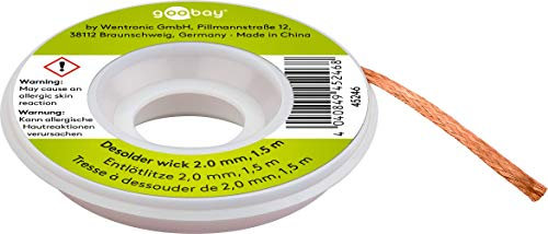 goobay 45246 Tresse à dessouder 2mm / cuivre pur Fil à dessouder pour enlever l'étain de soudure/Dessouder Conductivité thermique idéale/Tresse à souder Bobine / 1,5 m